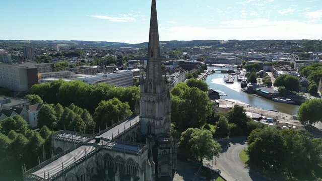 Aerial of St Mary Redcliffe Church with Bristol cityscape showcasing street and lake in the view