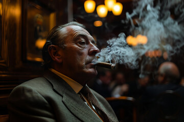 Man in suit smoking a cigarette in a men's club
