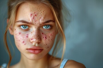 Portrait of a young woman with acne skin problems against a soft blue background