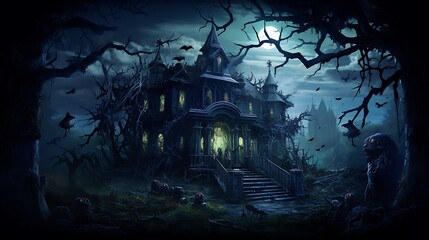 Scene of a Haunted Moonlit Mansion, Where Shadows Creep Across Dilapidated Hallways and Spectral Figures Lurk in Every Corner