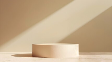 Product display podium, empty beige pedestal and sun light, beige background.