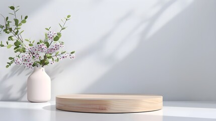 Product display podium, empty wooden pedestal, flowers in vase