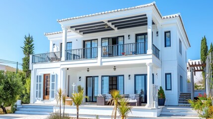 Fototapeta premium Luxurious white villa in sunlight against azure skies exudes understated elegance