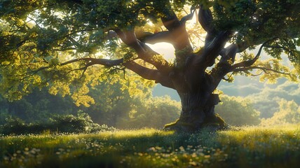  An ancient, gnarled tree standing solitary in a sun-drenched meadow, its branches reaching towards...