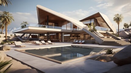 Fototapeta premium Scene of a Modern Desert Residence with Sleek Architecture and Expansive Views of Sand Dunes