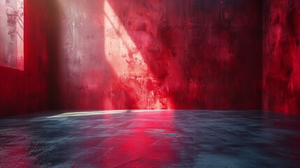 Vivid red empty warehouse with sunlight pouring in, creating a dramatic atmosphere