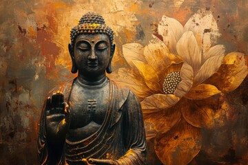 Glowing Lotus flowers and gold Buddha statue, Buddha with lotus shades, AI-generated