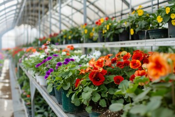 A vibrant image capturing rows of various colorful flowers growing inside a well-kept greenhouse