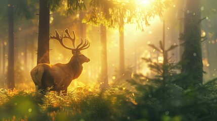 Discover the Serene Majesty of a Misty Forest at Sunrise, Where a Noble Stag Graces the Landscape, His Presence Radiating an Aura of Peace and Wilderness