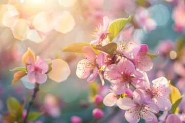 Naklejka premium A warm, sun-drenched view of delicate pink cherry blossoms, capturing the essence of spring renewal and natural beauty