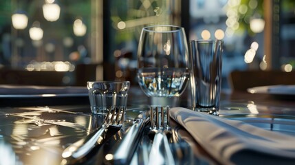 Naklejka premium a close up of a knife and fork on a table with a glass of water and silverware in the background. hyper realistic 