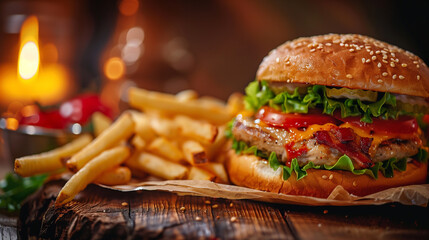 fresh and juicy chicken burger with French fries on the wooden table, fast food advertising 