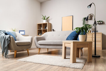 Interior of light living room with grey sofa, armchair and plants