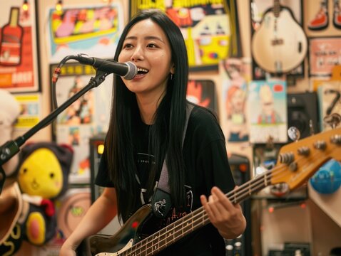 Young Musician Performing Live, Asian Woman with Electric Bass
