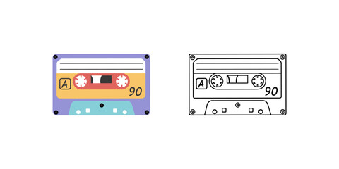 Classic y2k, 90s and 2000s aesthetic. Flat and outline style audio cassette, vintage element. Hand-drawn vector illustration. Patch, sticker, badge, emblem.