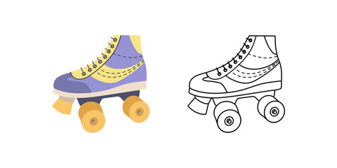 Classic y2k, 90s and 2000s aesthetic. Flat outline style retro quad roller skates, vintage element. Hand-drawn vector illustration. Patch, sticker, badge, emblem.