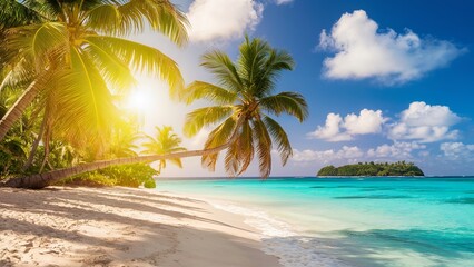 Summer Beach background, A stunning beach photo set during a hot summer day. The sun casts a warm...