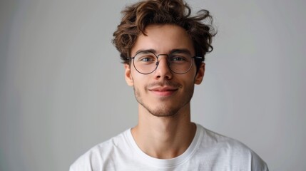 Daylight portrait of young handsome caucasian man isolated on grey background, dressed in white t-shirt and round eyeglasses, looking at camera and smiling positively hyper realistic 