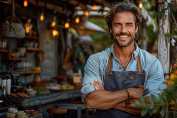  A smiling man in his thirties, wearing an apron and casual linen shirt with sleeves rolled up standing at the counter of his restaurant . He has curly hair, mustache. - Powered by Adobe