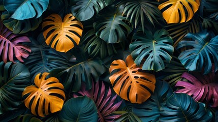 Vivid top view of colorful monstera leaves creating a lush natural pattern