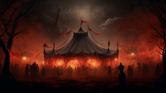 Scene of a Sinister Circus Tent Amidst a Moonlit Meadow