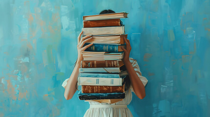 A serene scene unfolds as woman's hands delicately cradle a towering stack of books against a soft,...