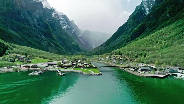 Drone shot over Viking Valley in Norway's secluded coastline.
