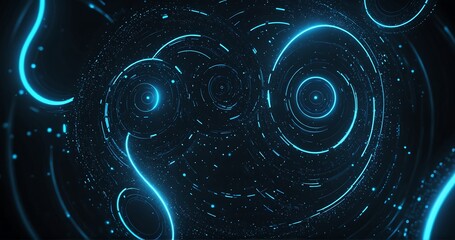 Futuristic perforated technology abstract background with blue neon glowing circles. Vector banner design