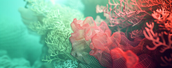 Tropical reef gradient from coral red to seafoam green in an underwater abstract wireframe vibrant  exotic