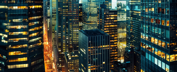 Obraz premium Night view of a bustling financial district, skyscrapers with gl