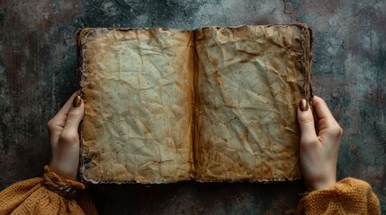 Hands holding an open ancient book with weathered pages
