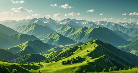 Landscape with green mountains. Mountainous terrain. Abstract nature background. Vector illustration. - Powered by Adobe