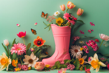 Spring flowers overflow pink  boot, butterflies & bees add life. 3D render/illustration. 