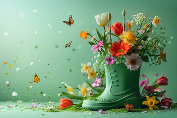 Spring flowers overflow green boot, butterflies & bees add life. 3D render/illustration