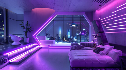 futuristic sci fi cyberpunk bedroom with glowing purple neon lights effect