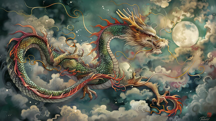 Create an ethereal depiction of a majestic Tatton design of the zodiac dragon gracefully coiling amidst swirling clouds, its scales shimmering with iridescent hues under the moonlight