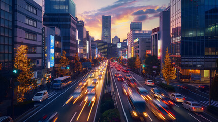 Fototapeta premium A vivid twilight photo of an urban street, highlighting rushing traffic and illuminated buildings under a colorful sunset sky