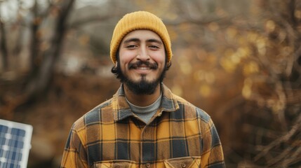 Warm and Approachable Hispanic Man in Eco-Friendly Setting
