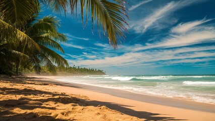 Fototapeta na wymiar Summer Beach background, A stunning beach photo set during a hot summer day. The sun casts a warm golden glow, and palm leaves sway gently in the breeze