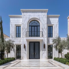 Luxurious white villa  close up showcasing architectural elegance against clear blue sky backdrop