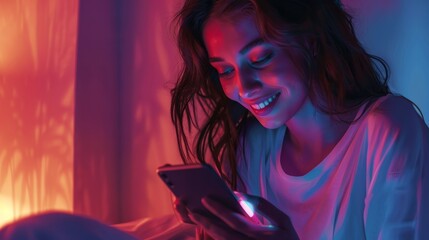 Smiling young woman typing text message on her smartphone, chatting concept hyper realistic 