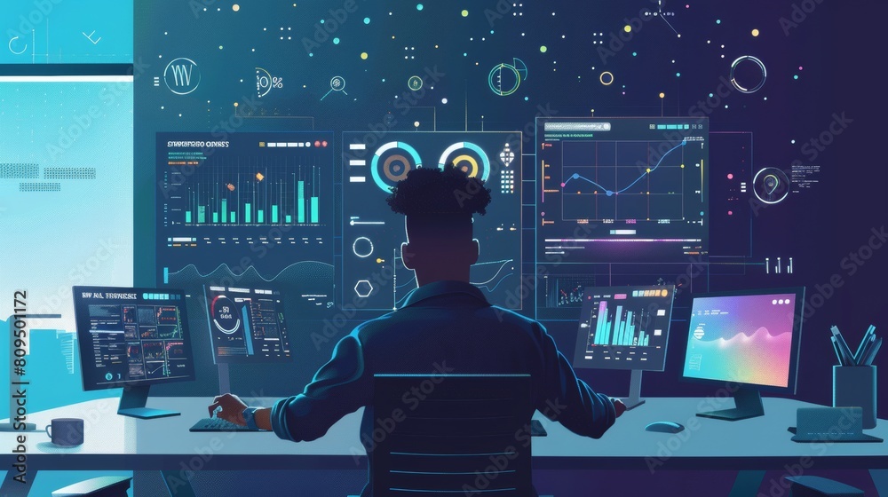 Poster professional at a smart desk with ai analytics and iot control systems