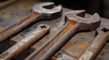 Vintage Wrenches on a Workbench