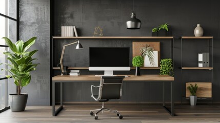 Stylish ceo interior desk with pc computer and shelf with decor. Mockup frame hyper realistic 