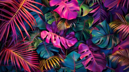 Digital art composition of colorful tropical foliage in a dense, lush pattern