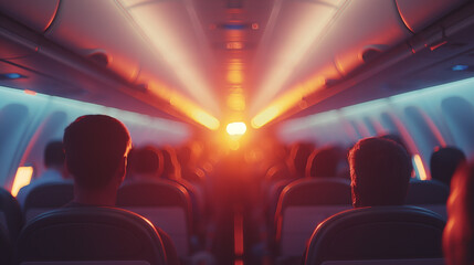 Blurred light white airplane interior with people flying on vacation