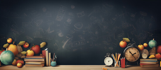 school supplies on black chalkboard background with copy space	