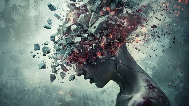 Surreal imagery depicting a person's head exploding into fragments, symbolizing psychological turmoil hyper realistic 