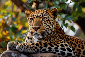 Obraz premium African leopard female pose in beautiful day light, African leopard face, AI generated