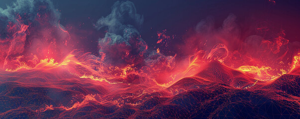 Volcanic gradient from molten red to ash gray in a dynamic abstract wireframe fiery  intense